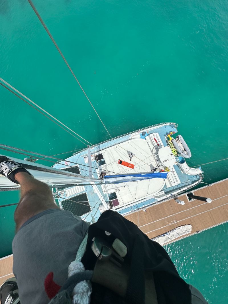 View from the masthead down to a catamaran alongside the dock